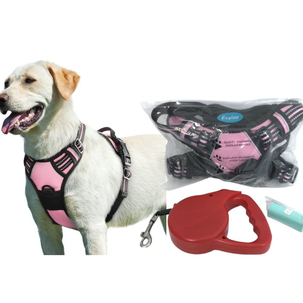 Eagloo Dog Harness Pink Black L No Pull Harness Reflective + Retractable Leash